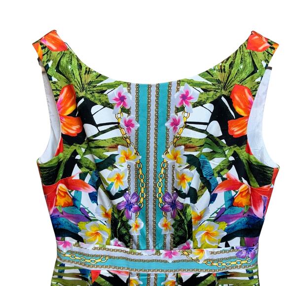 Maggy London Sleeveless Pleated A- Line Bright Floral Hawaiian Dress Women 8 - Picture 4 of 9